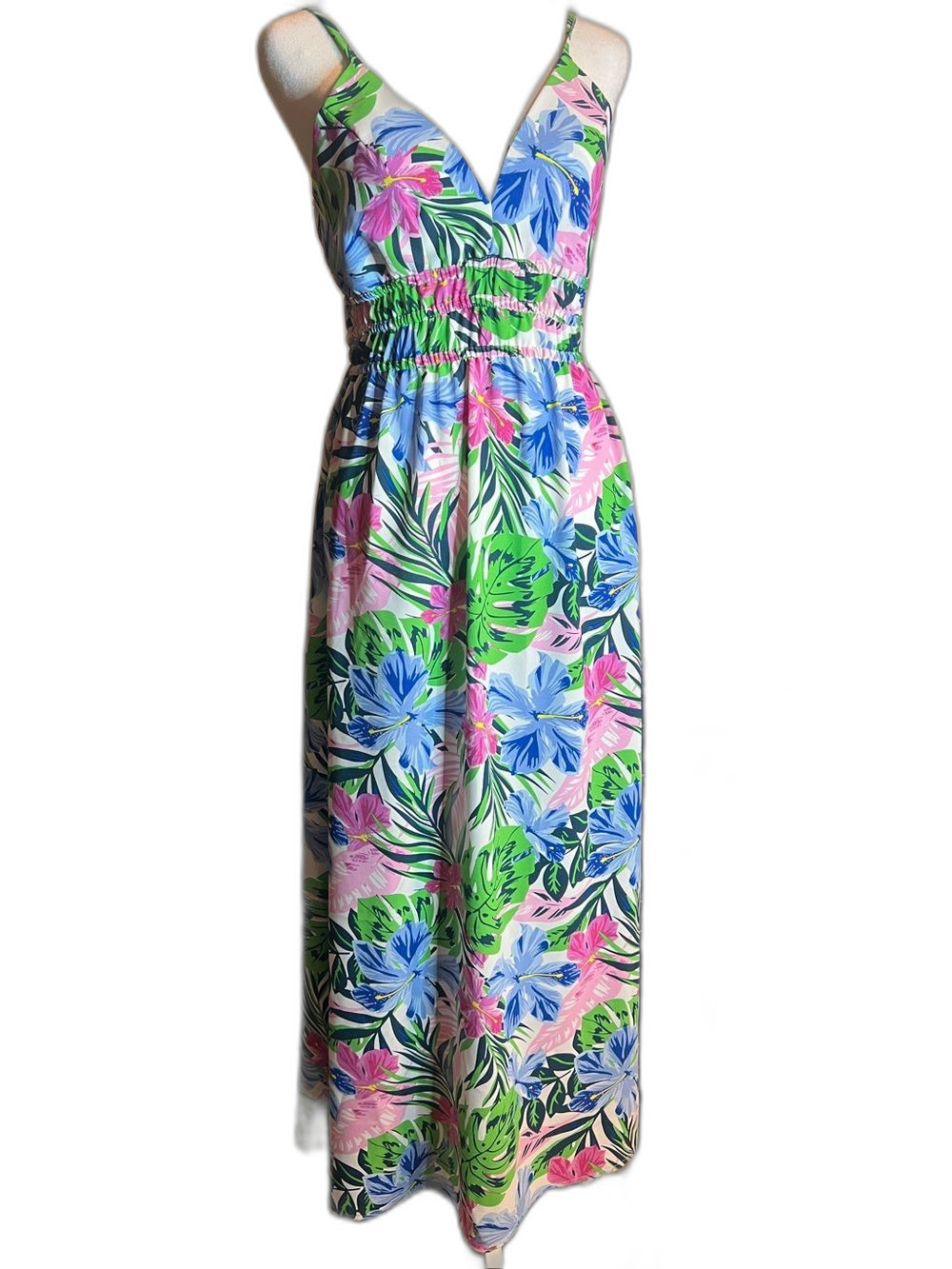 Tropical Floral Maxi Dress in Blue, Green & Pink Size XL